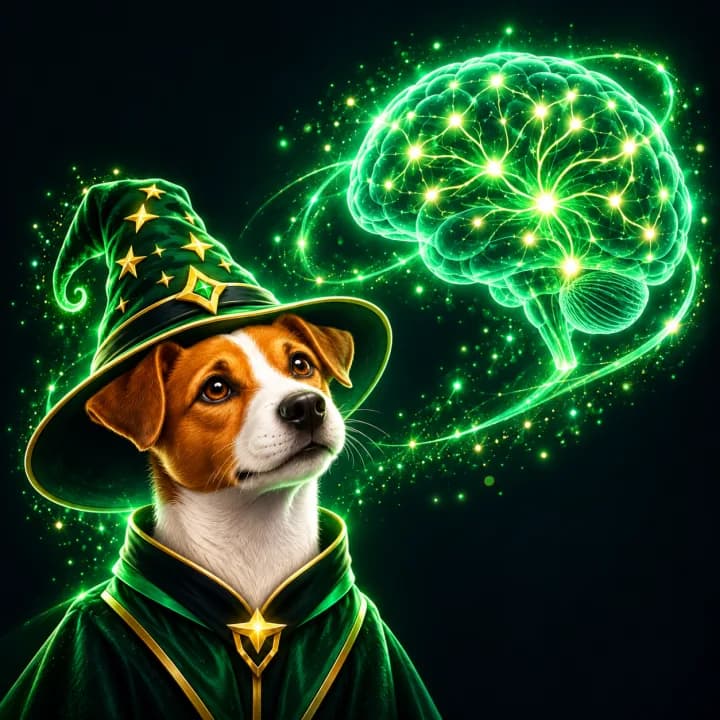 Zauberhund blickt zu einem leuchtenden Gehirn